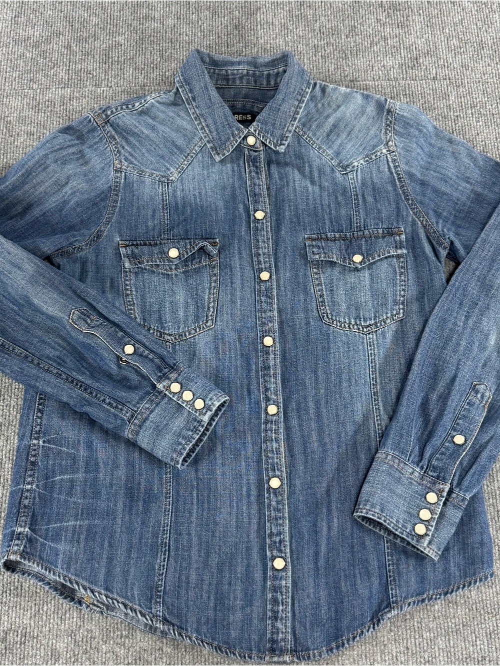 Express Small Pearl Snap Denim Western Shirt Coastal Cowgirl Boho Rodeo Festival